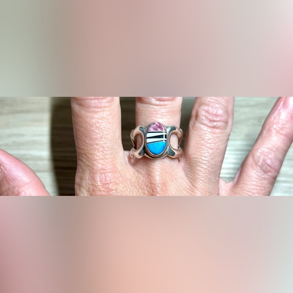 Navajo Designer Signed (TL) Sterling Silver Abstract Multicolor Inlay Ring - Picture 8 of 10